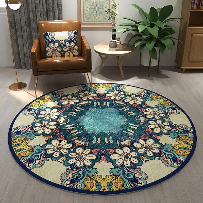 Alfombras redondas de mandala de estilo étnico para sala de estar, decoración del hogar boho, alfombra para dormitorio, alfombra colgante antideslizante lavable, alfombra para piso IG