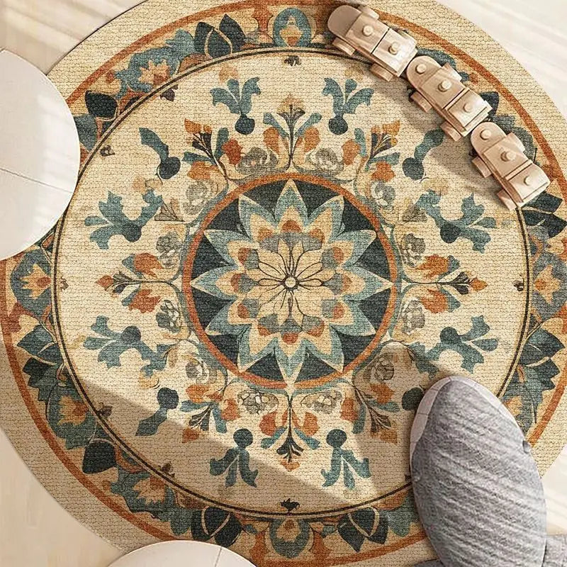 Alfombras redondas de mandala de estilo étnico para sala de estar, decoración del hogar boho, alfombra para dormitorio, alfombra colgante antideslizante lavable, alfombra para piso IG 