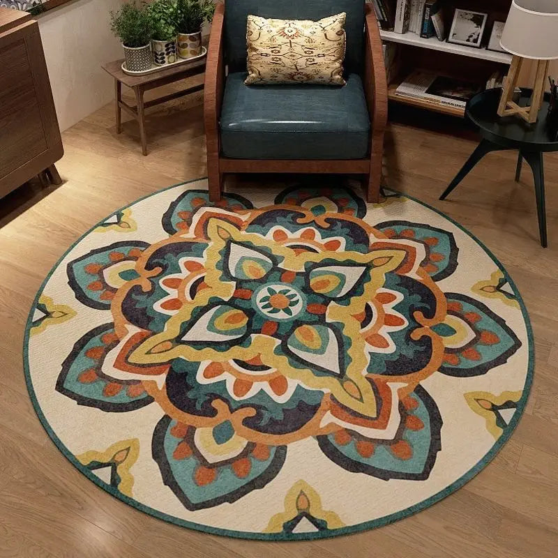 Alfombras redondas de mandala de estilo étnico para sala de estar, decoración del hogar boho, alfombra para dormitorio, alfombra colgante antideslizante lavable, alfombra para piso IG 